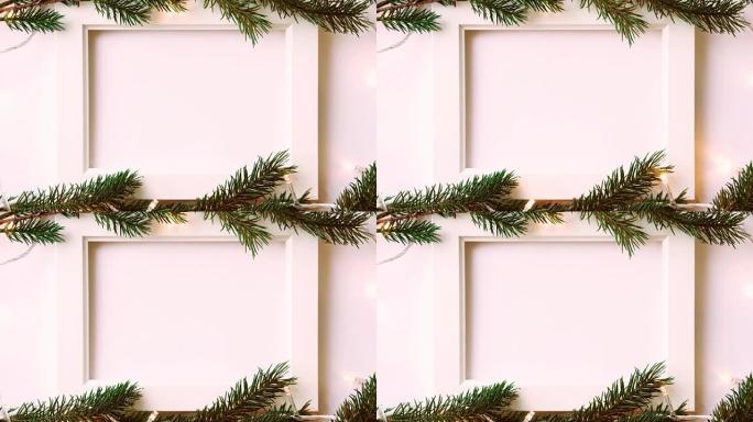 相框照片，松枝，灯光和圣诞装饰新年和圣诞概念背景