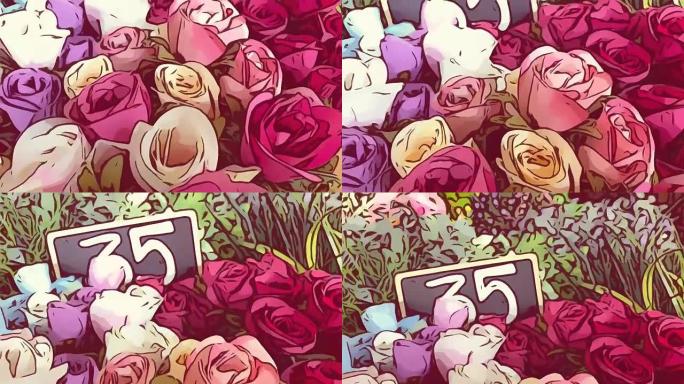 动画卡通，鲜花背景上的价格标签，玫瑰