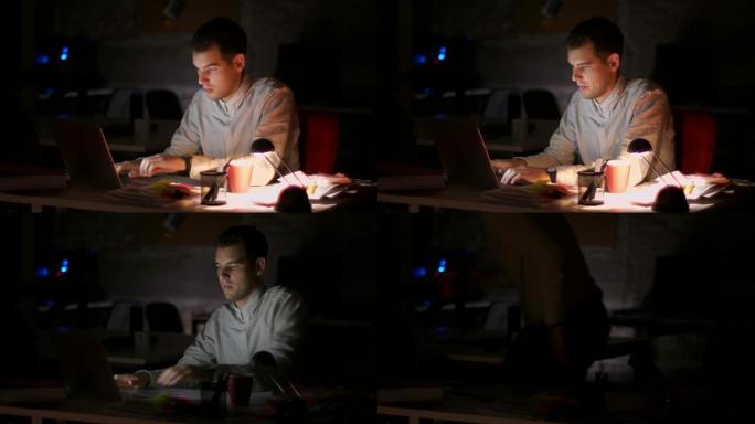 英俊的高加索现代人正在笔记本电脑键盘上打字并关闭计算机，完成工作，深夜和办公室的黑暗