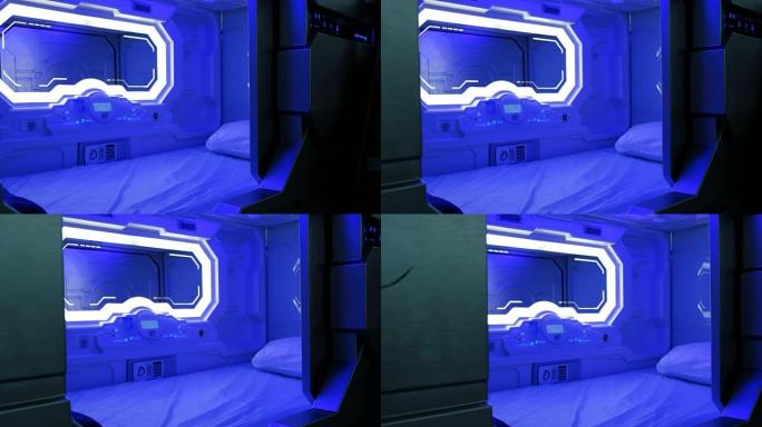 带有霓虹灯的现代睡眠盒，在机场睡觉的太空舱，通过敞开的门进行概述
