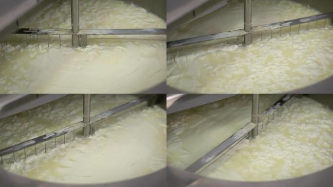 自动乳品机正在生产奶酪，旋转刀正在混合发酵牛奶后的白色物质
