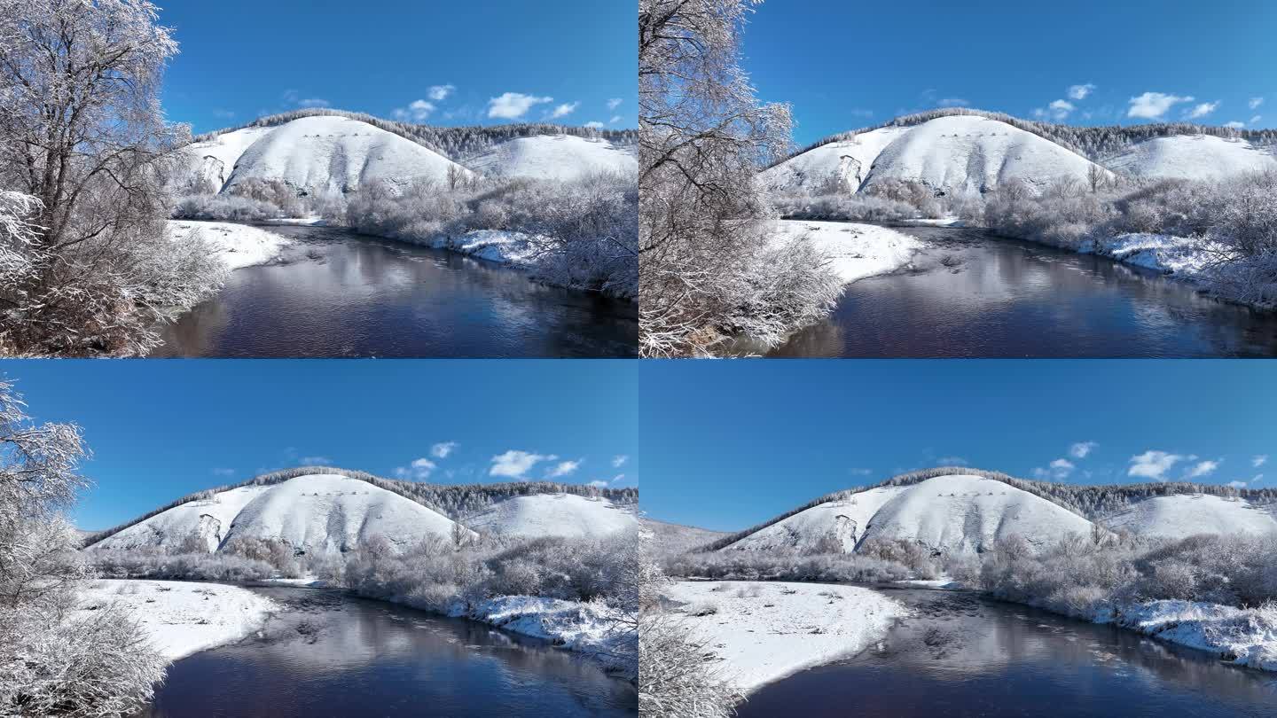 航拍大兴安岭早春冰雪河流