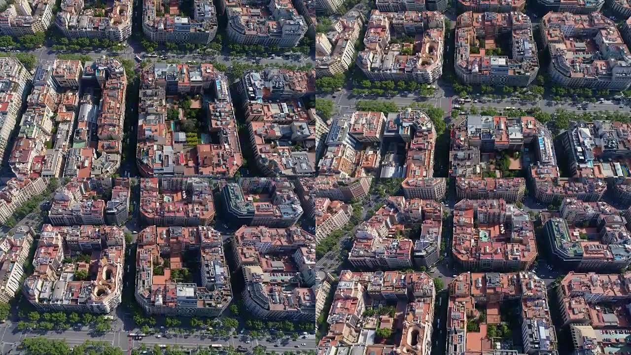 巴塞罗那街和街区建筑的空中高角度拍摄，市区