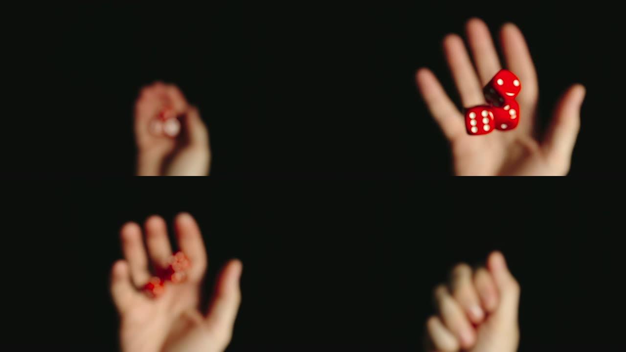 慢动作: 三个红色骰子被扔掉并被抓住-顶视图