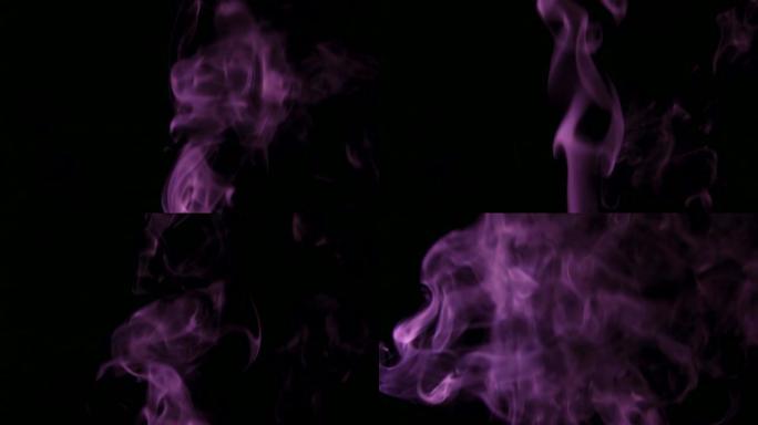 紫色蒸汽从上升。黑色背景上的蓝色烟雾。黑色背景下的烟雾慢慢漂浮在太空中。慢动作。
