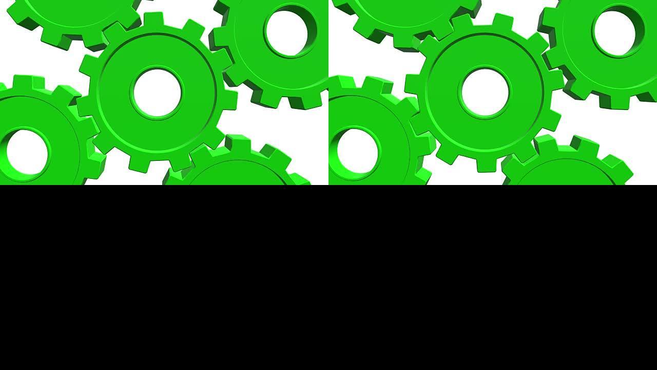 3D绿色齿轮旋转。白色背景。阿尔法通道。特写