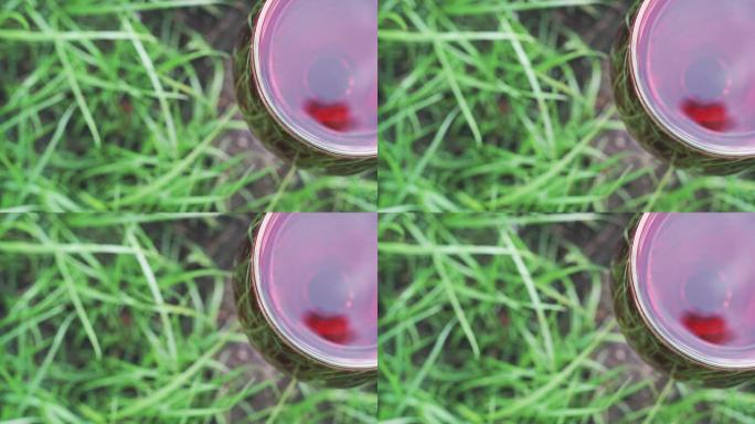 草地背景上的一杯葡萄酒，特写。