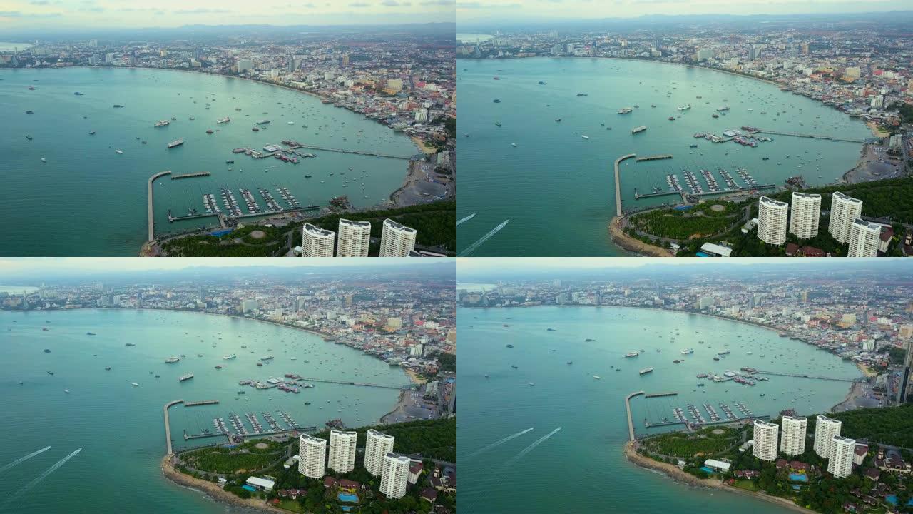 泰国中武里府芭提雅市芭提雅湾和巴厘岛海码头的鸟瞰图。
