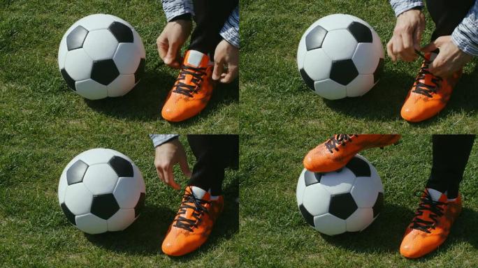 足球，足球比赛。职业足球运动员在训练前扣上红鞋，4k