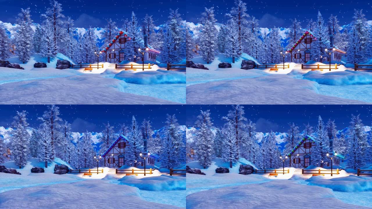 神奇的冬夜积雪照亮的高山房屋
