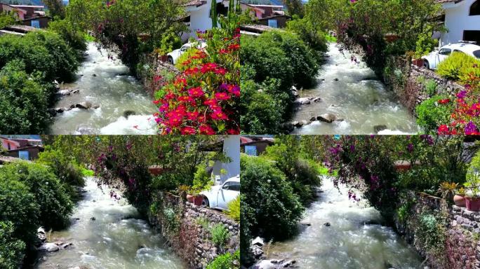 河流、花卉和植物的美丽照片。晴天。拉丁风格的房子。