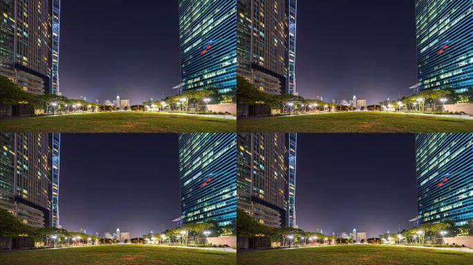 夜间，新加坡摩天大楼中的市中心公园，延时视频