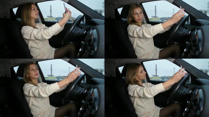 穿着短裙的漂亮女孩以不同的方式在车里给自己拍照4k慢动作