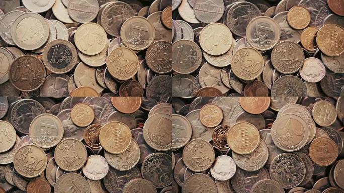 美国硬币和欧元硬币的俯视图