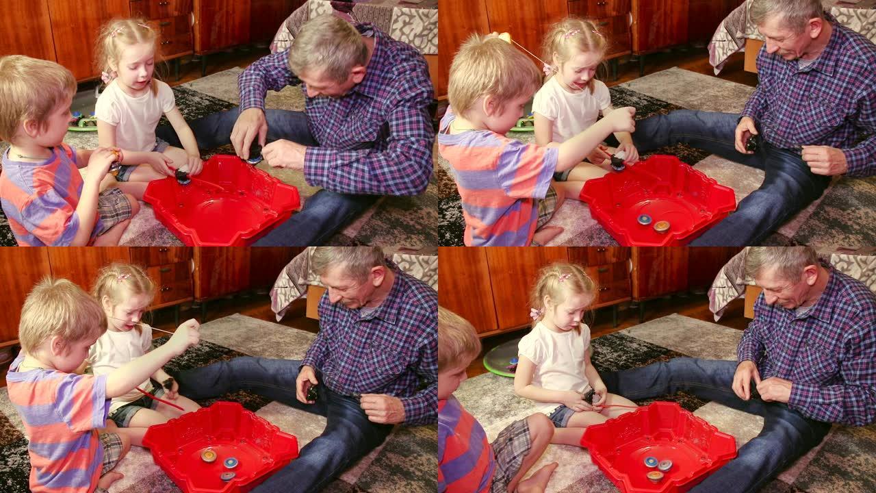爷爷和孙子玩游戏beyblade-股票视频