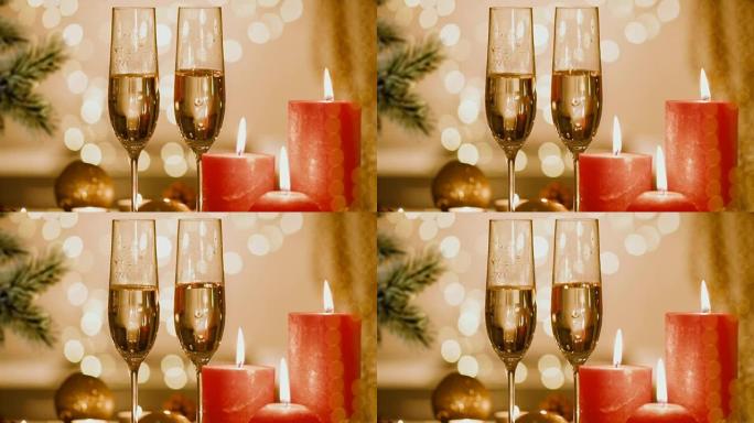 Cinemagraph-圣诞节和新年节日餐桌设置与香槟。庆祝。