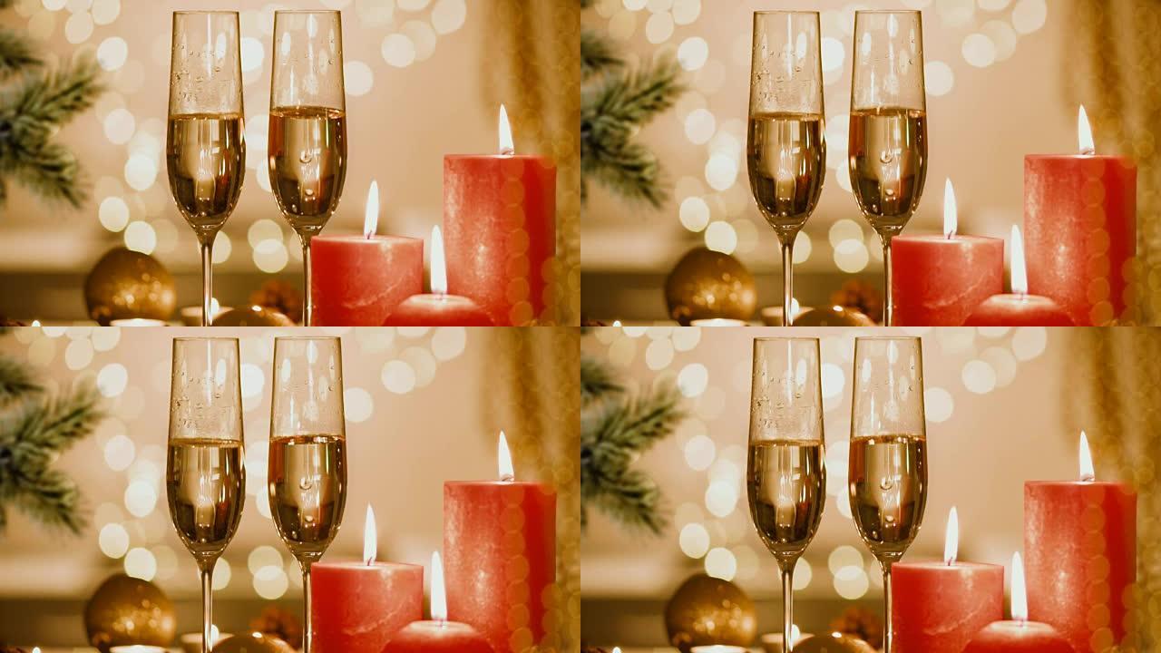 Cinemagraph-圣诞节和新年节日餐桌设置与香槟。庆祝。
