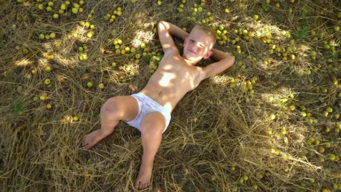 一个小男孩躺在小苹果间的大树下。不可阻挡的孩子们的笑声