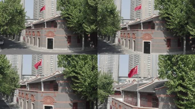 航拍上海中共一大旧址国旗