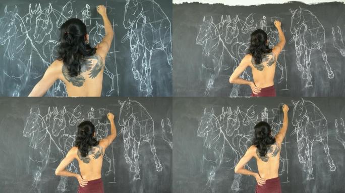 男人画画，在黑墙上设计一匹马