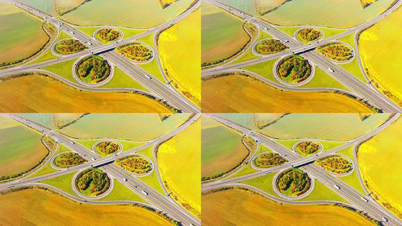 中欧捷克共和国比尔森附近的D5高速公路交汇处的鸟瞰图。农村景观中的交通。环境概念。