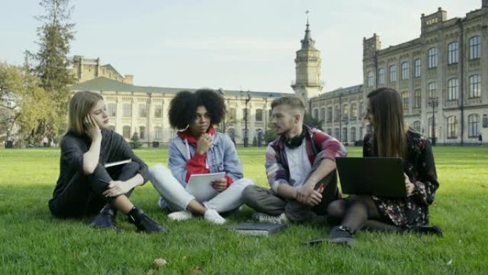 在大学或大学校园里拿着笔记本电脑坐在草地上的学生