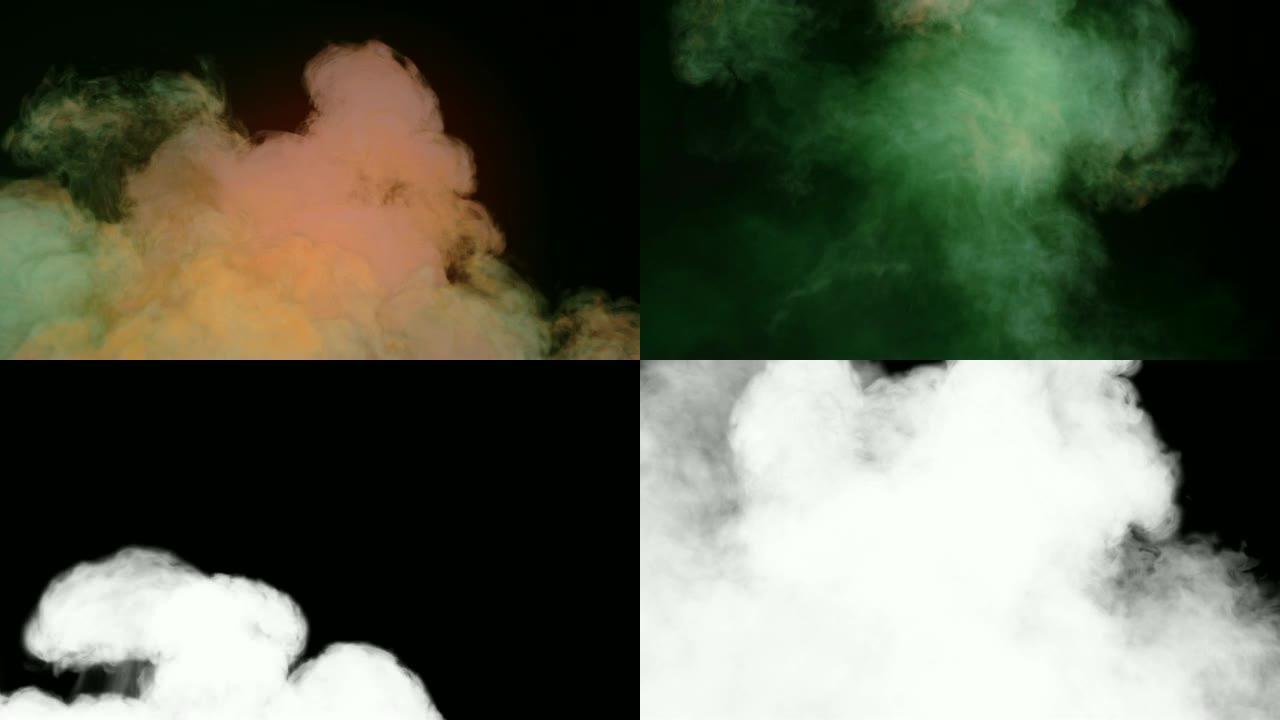 深色背景和阿尔法哑光混合的彩色烟雾的高度逼真的化学云组成。3d渲染。4K，超高清分辨率。