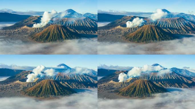布罗莫火山和薄雾漂浮在山坡上，印度尼西亚的地标自然旅游地点4k时间流逝 (潘拍)