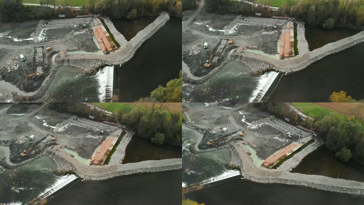 河流大坝建设的鸟瞰图