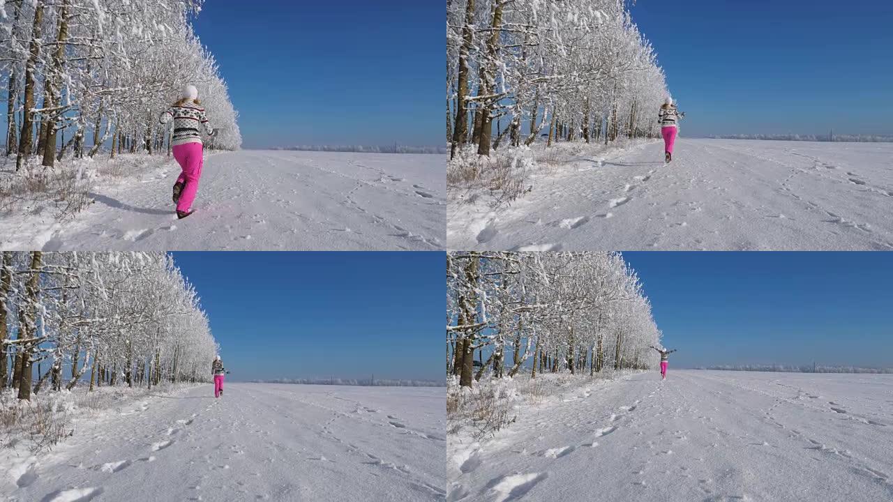 冬季仙女节，女人在积雪覆盖的田野上跑向远方