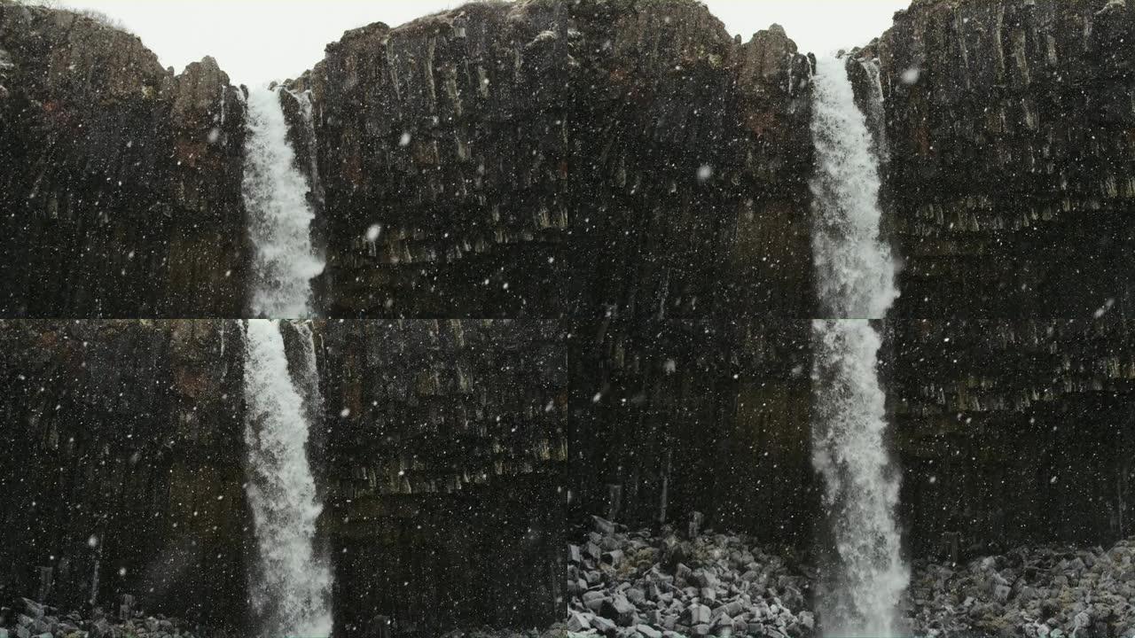 Svartivoss瀑布和熔岩柱的镜头