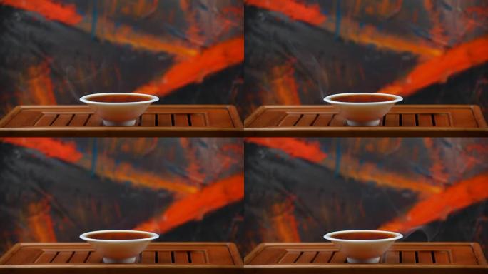 中国红热茶杯竹桌高清镜头