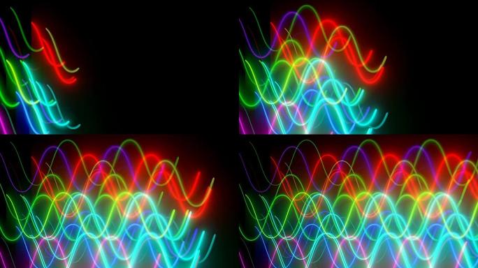 波浪形霓虹灯在黑暗空间中，计算机生成现代抽象背景，3d渲染