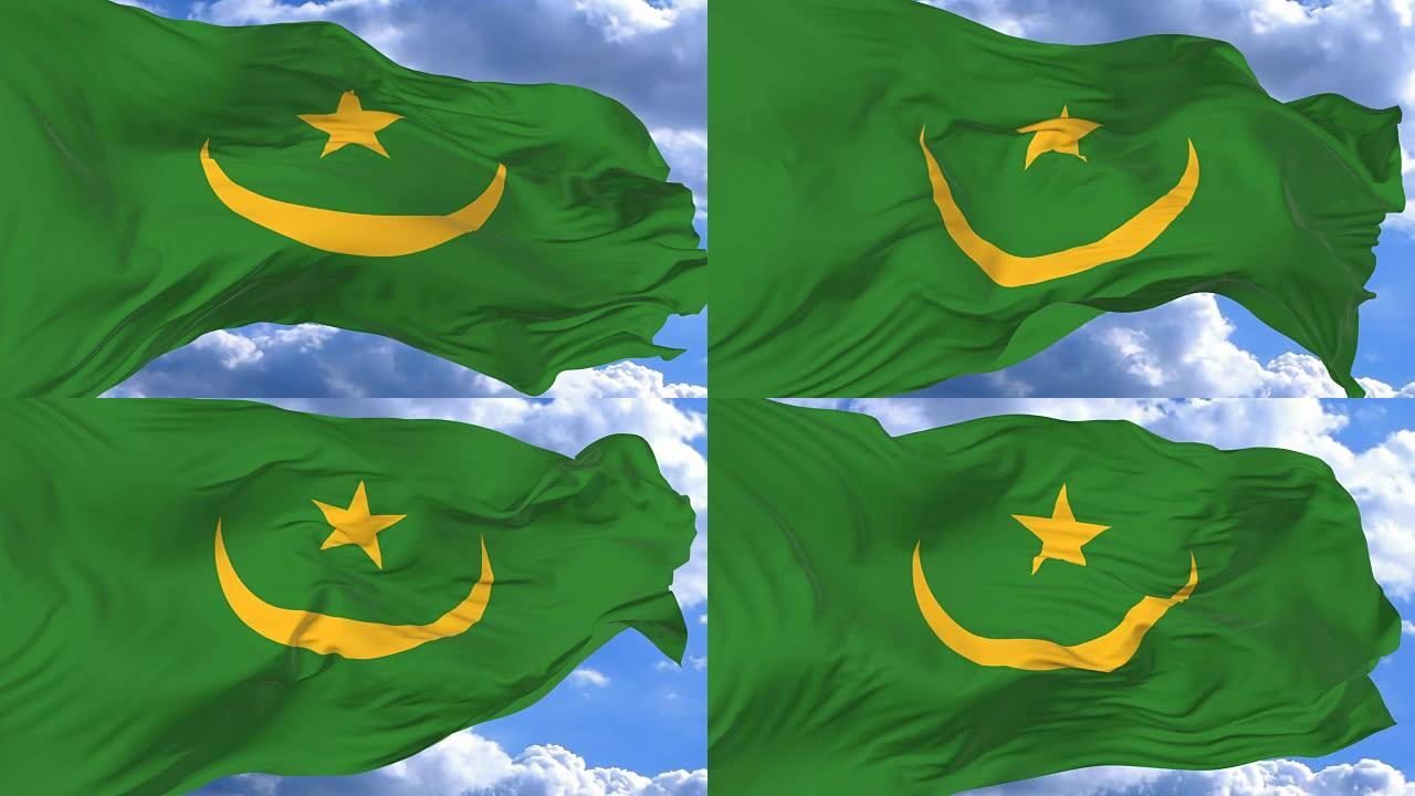在毛里塔尼亚的蓝天下挥舞着旗帜