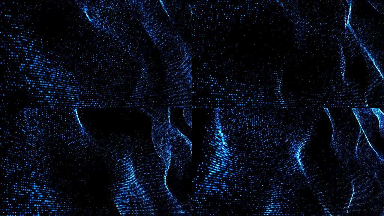 蓝色落粉闪光五彩纸屑在数字数据和网络连接技术概念。黑色背景上的爆炸，抽象插图