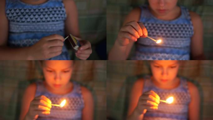 小女孩玩火柴，冒着放火的危险。消防安全