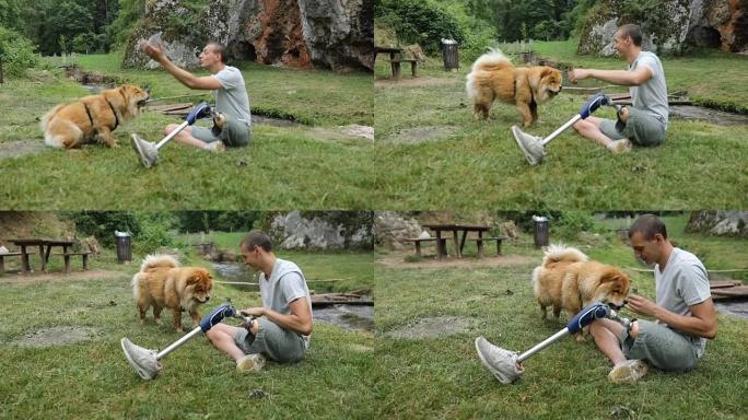 残疾人和狗玩