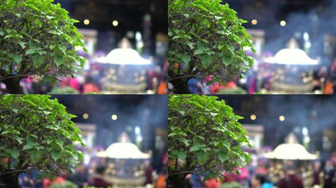 许多人在亚洲神庙中祈祷和崇拜上帝。焦点模糊。