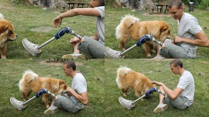 残疾人和狗玩得很开心
