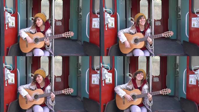 嬉皮士女人在火车上弹吉他和唱歌