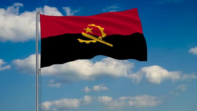 安哥拉国旗映衬着白云漂浮在蓝天上