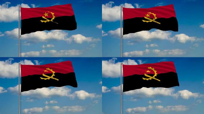 安哥拉国旗映衬着白云漂浮在蓝天上