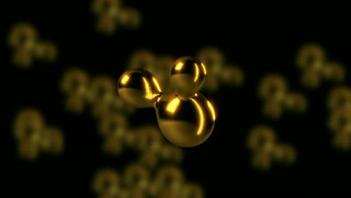 空间中明亮的动态金色3d形状与模糊的相同形状，3d渲染，计算机生成背景