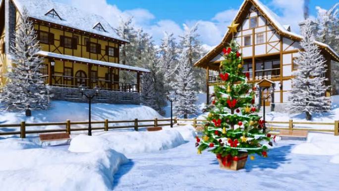 白雪覆盖的高山乡镇广场上的户外圣诞树