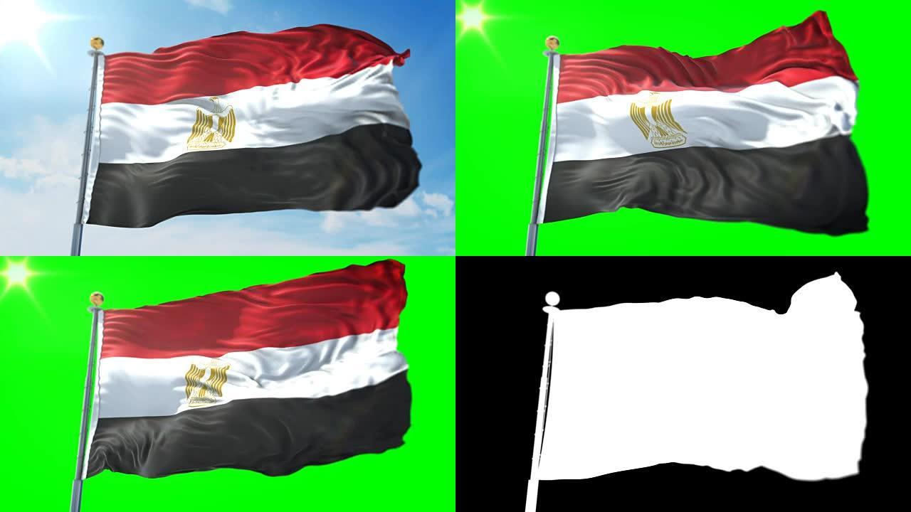 埃及国旗无缝循环3D渲染视频。美丽的纺织布织物环摆动