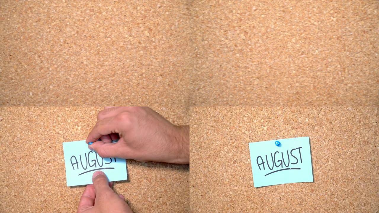 一个男人钉在软木板上的纸上8月字