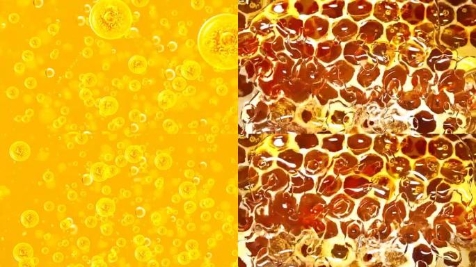 蜂蜜从蜂巢里流下来。液体蜂蜜中气泡上升。带水泡的黄色液体