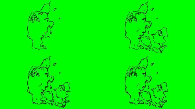 丹麦在绿屏孤立白板上绘制轮廓图