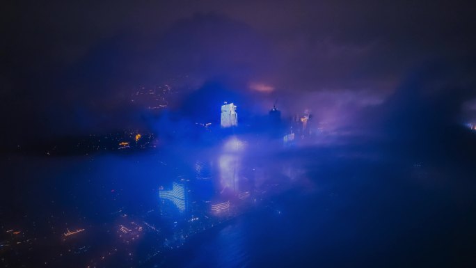 青岛夜景海天中心平流雾素材