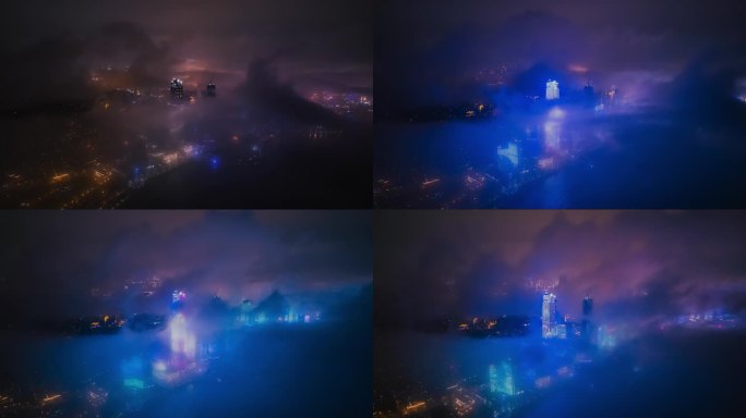 青岛夜景海天中心平流雾素材
